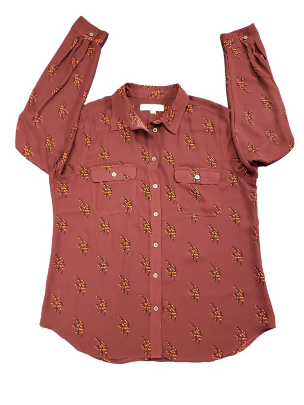 LOFT Burgundy Printed Blouse Size Large Button Front Workwear Top